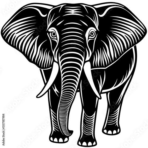 Majestic Elephant Portrait: A striking, highly detailed illustration of a powerful elephant, rendered in a bold, monochromatic style, commanding attention with its presence.