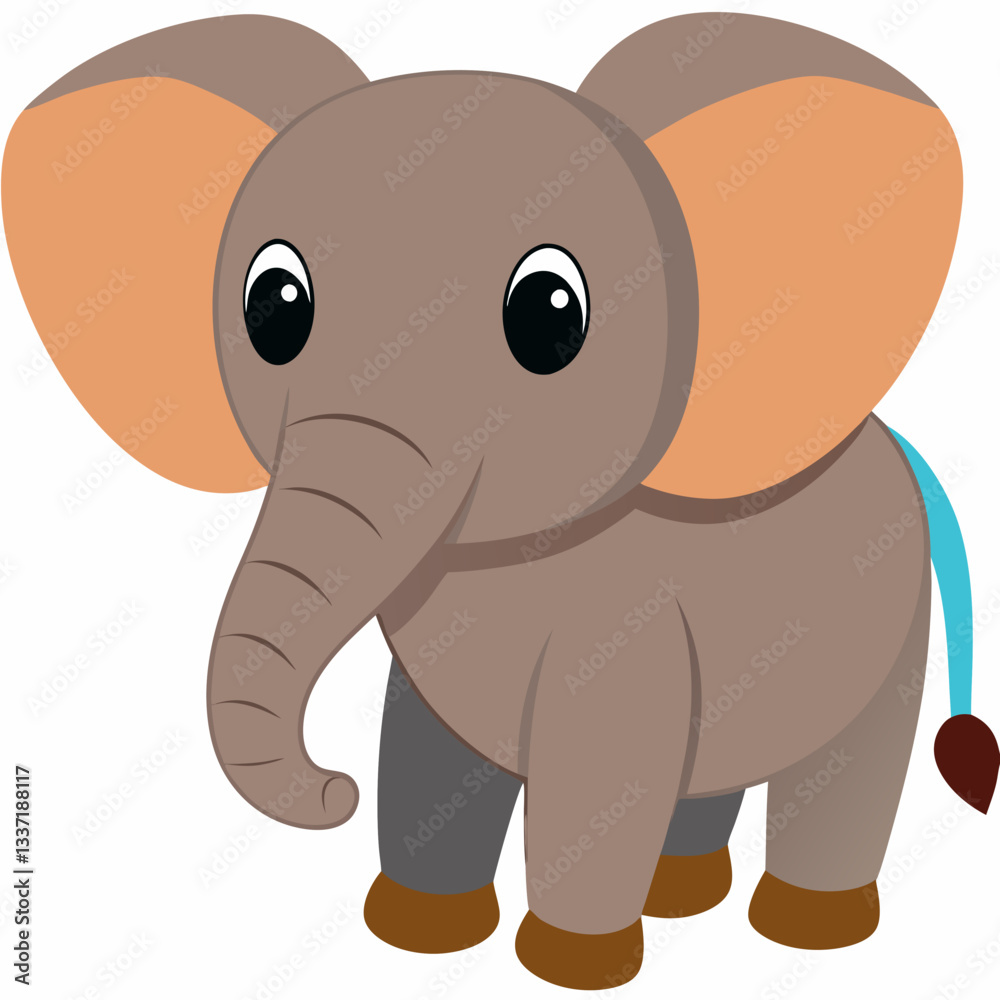 Fototapeta premium Cute Elephant Illustration: An adorable cartoon baby elephant with large eyes, big ears, and a playful blue tail. Perfect for children's books, greeting cards.