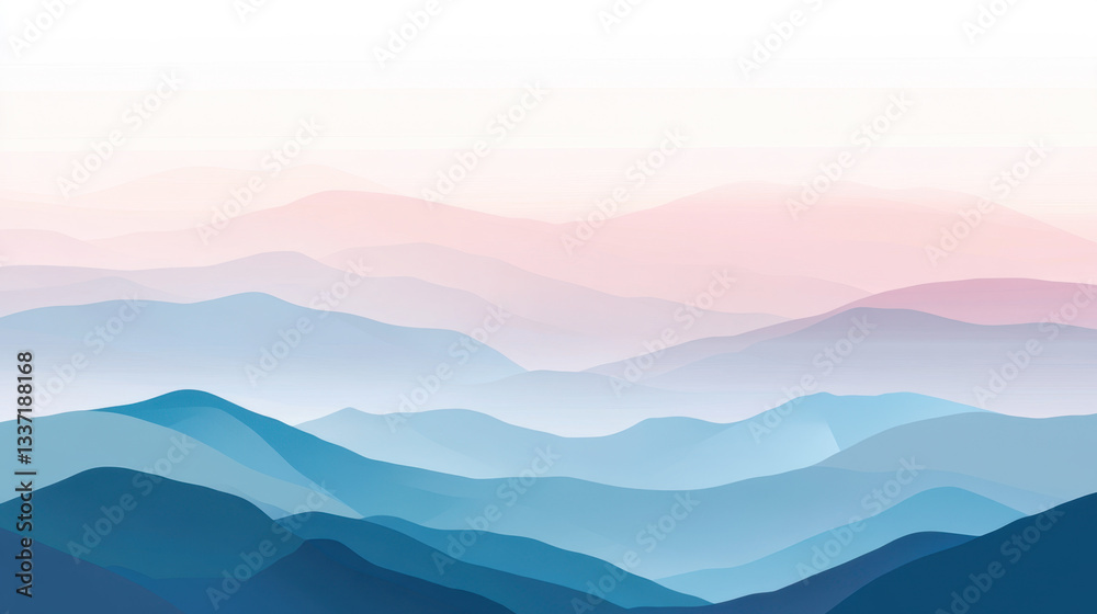 Fototapeta premium Serene layered mountain range with soft pastel hues creating a calming landscape art illustration enhancing visual appeal for wallpaper background designs