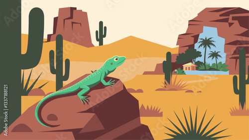 A colorful lizard perched on a rock in a serene desert scene featuring cacti, mountains, and a tranquil oasis with palms.