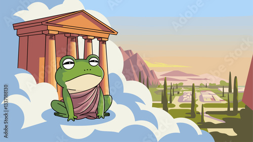 A whimsical illustration of a frog draped in a toga, perched among clouds with a classical temple backdrop, blending nature and philosophy.