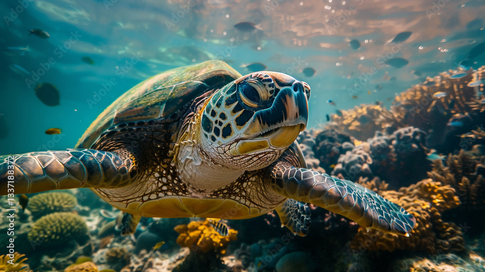 Fototapeta premium Green sea turtle (Chelonia mydas) swimming near the coastline, gentle reptile navigating shallow ocean waters, protected marine species.