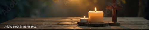 Rustic wooden cross, soft candlelight, misty backdrop ,  rustic,  reflective