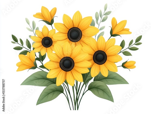 Vibrant bouquet of sunflowers and blossoms against a plain background