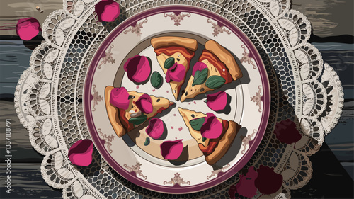 A beautifully arranged plate of pizza slices garnished with fresh herbs and vibrant rose petals, set on a lace tablecloth. Perfect for culinary and romantic themes.