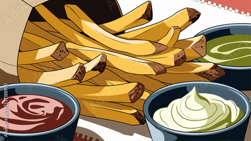 A vibrant illustration of crispy French fries spilling from a container, accompanied by three flavorful dips including ketchup and green sauces.