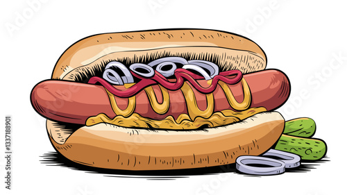 A vibrant illustration of a classic hot dog in a bun, topped with ketchup, mustard, onions, and served with a side of pickles. Perfect for food-related designs!