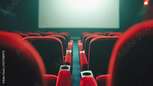 An empty cinema with red seats facing a bright screen inviting for a movie experience.