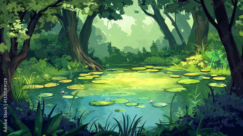 Fototapeta premium Forest swamp cartoon vector game landscape scene. Fantasy lake with waste water and marsh scenery. Dirty toxic environment in park 2d wild location wallpaper. Summer adventure fairytale world