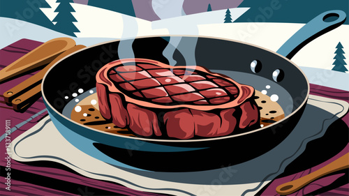A beautifully cooked steak sizzling in a frying pan, set against a wintery backdrop. Perfect for food lovers and winter cooking themes.