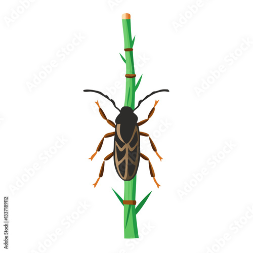 Insect on Plant: A detailed depiction of an insect perches gracefully on a plant, its intricate features and elegant form captivate the viewer's attention in a clear, simple style.