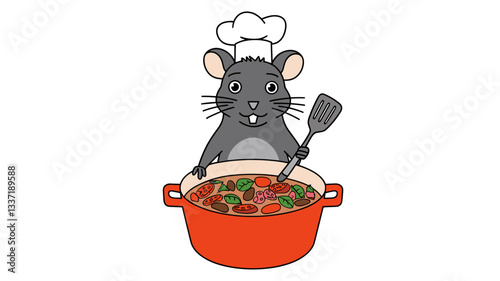 A cute cartoon mouse wearing a chef's hat, happily stirring a pot of colorful vegetable soup with a spatula. Perfect for food-related designs!