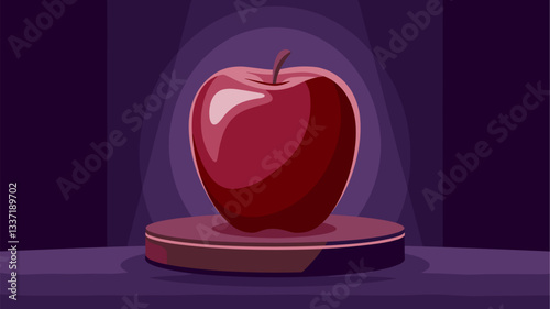A vibrant, glossy red apple placed on a circular pedestal, illuminated by soft spotlighting. Perfect for themes of freshness, temptation, or health.