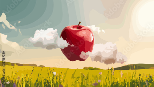 A vibrant red apple floats among fluffy clouds in a sunny meadow, capturing a whimsical blend of nature and imagination.