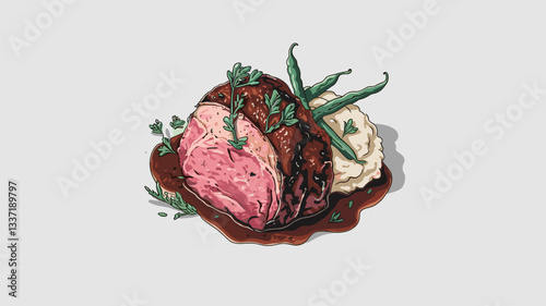 Savor the mouthwatering appeal of perfectly cooked roast beef served with rich gravy, creamy mashed potatoes, and fresh green beans, ideal for gourmet meal presentations.