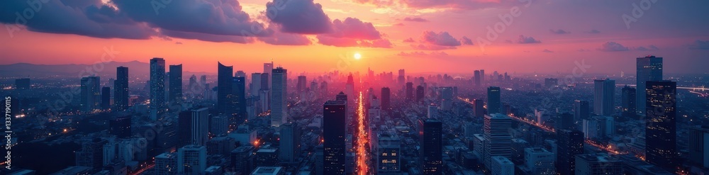 Fototapeta premium Dusk descends on Tokyo's sprawling metropolis, illuminating countless windows, evening, perspective