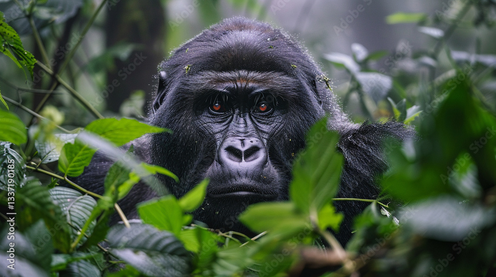 Obraz premium Silverback gorilla (Gorilla beringei beringei) standing in the jungle, strong and intelligent great ape in its lush environment.