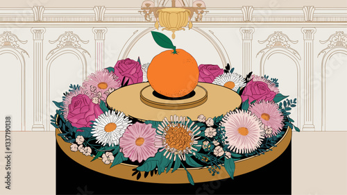 A stunning illustration of a vibrant orange atop a circular pedestal surrounded by an array of colorful flowers, creating a regal botanical display.