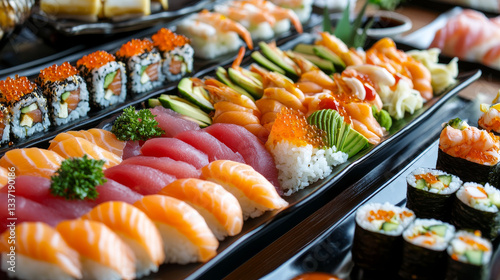Tuna poke bowl. Avocado, rice and salmon plate. Shrimp, vegetable, raw ingredients in sushi top view on wooden table in restaurant concept. Served healthy meal with seaweed and soy sauce for cafe.