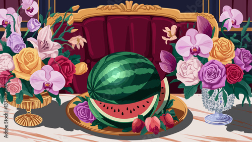 A vibrant still life featuring a beautifully cut watermelon surrounded by exquisite floral arrangements of roses and orchids, set against a rich, opulent background.