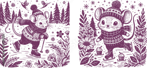 old color Charming Winter Scene: Adorable Mice in Cozy Attire Ice Skating Amidst a Snowy Forest with Delicate Wildflowers