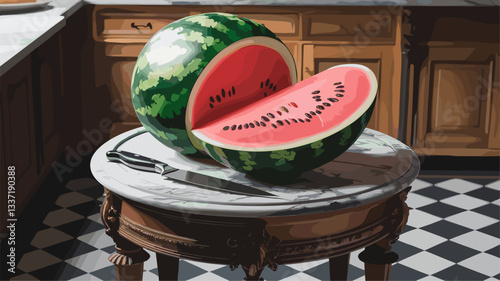 A vibrant, freshly sliced watermelon rests on an ornate marble table, set against a charming wooden kitchen backdrop.