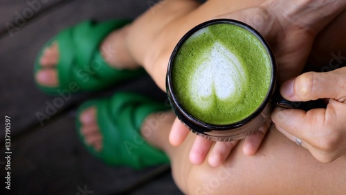 Female relaxing on wooden porch, wearing green slippers, holding matcha latte with heart shaped foam art, enjoying peaceful moment of wellness and comfort during break