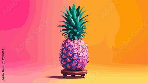 A stunning illustration of a pineapple with lush green leaves set against a vibrant pink and orange backdrop, perfect for tropical themes.