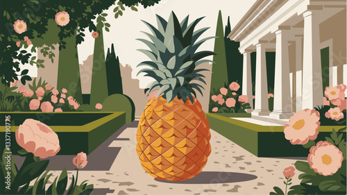 A vibrant illustration featuring a large pineapple in a beautifully landscaped garden. Surrounding floral elements enhance the whimsical, tropical vibe.