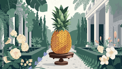 Explore the charm of a vibrant pineapple sculpture set amidst a lush garden filled with exotic plants and flowers, creating a picturesque and tranquil atmosphere.