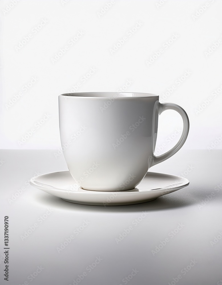 Simple white cup and saucer in calm setting with soft lighting Simple white cup and saucer in calm setting with soft lighting