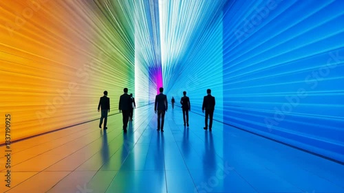 Silhouette of People Walking Through Vibrant Corridor with Blue and Orange Walls, Creating Futuristic and Dynamic Atmosphere with Reflective Floor and Spectrum of Colors Enhancing Movement