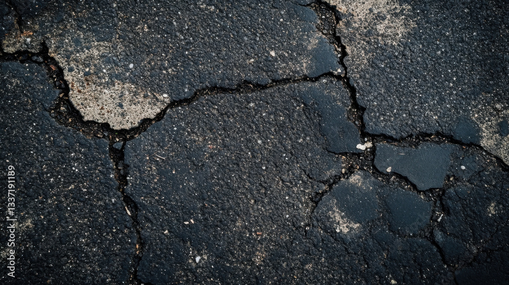 Obraz premium Close up of cracked asphalt texture showcasing the wear and tear of an old road surface highlighting deterioration and weathering processes perfect for backgrounds