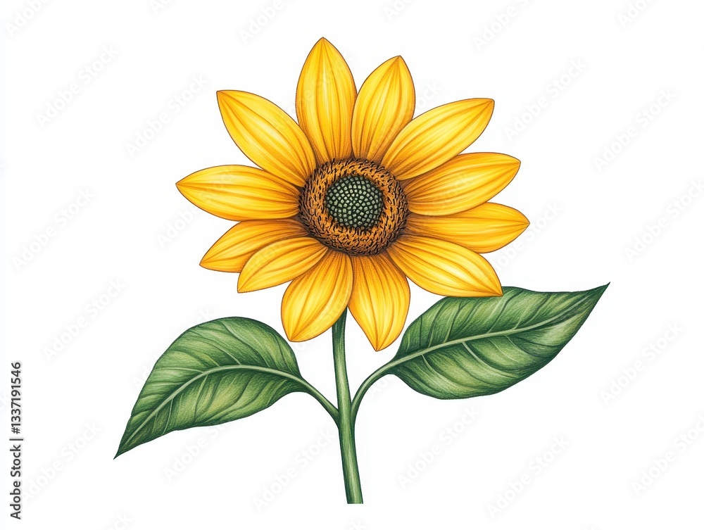 Fototapeta premium Bright sunflower illustration with vibrant petals and green leaves on white background