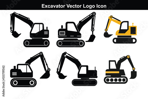 Set of construction machines and equipment including excavator, forklift, loader, bulldozer, crane, and truck in yellow and white, designed for heavy industrial work and transportation