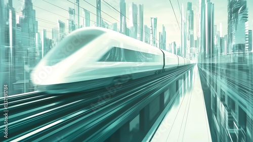 Futuristic high-speed train speeding through a modern urban landscape.