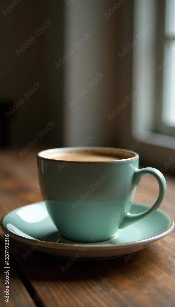 Close-up of a ceramic disc on a plate, coffee cup blurred background, closeup, vintage, contrast Close-up of a ceramic disc on a plate, coffee cup blurred background, closeup, vintage, contrast