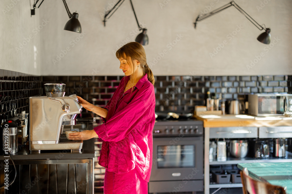 A woman in a pink outfit enjoys her morning routine, making coffee in a stylish modern kitchen with black tiles. The warm sunlight enhances the cozy and peaceful atmosphere