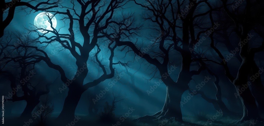 Naklejka premium Eerie moonlight bathes ancient trees in a shadowy, mystical forest, night scene, nature