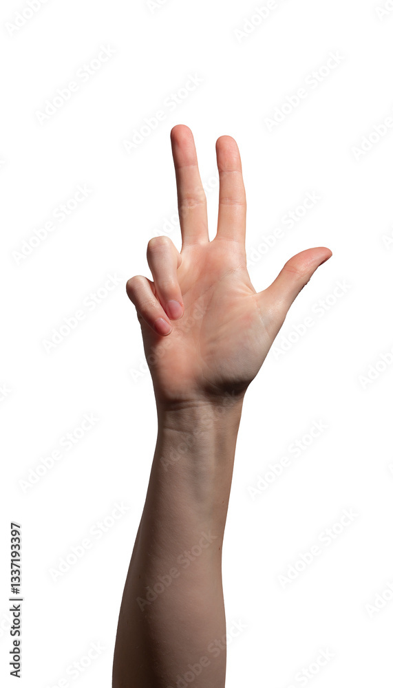 Female hand showing three fingers with the thumb, index, and middle fingers extended. Palm view, natural position, symbolizing counting or number three. Isolated on white background.. Female hand showing three fingers with the thumb, index, and middle fingers extended. Palm view, natural position, symbolizing counting or number three. Isolated on white background..