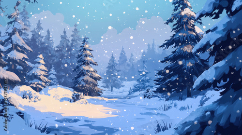 Serene Winter Wonderland: A snow-covered forest landscape featuring snow-laden pine trees in a peaceful and enchanting scene during snowfall in an artistic rendition