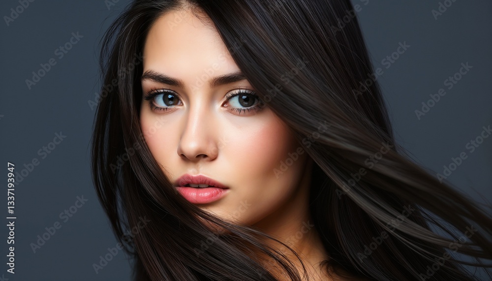 Fototapeta premium Portrait of a beautiful woman with flowing dark hair, captivating blue eyes, and an intense gaze, exuding natural elegance and confidence.