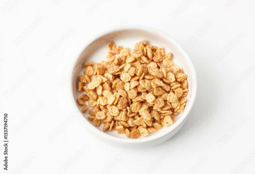 A bowl of golden-brown bran flakes, milk slightly visible, sits on a plain white background, simple, dietary A bowl of golden-brown bran flakes, milk slightly visible, sits on a plain white background, simple, dietary