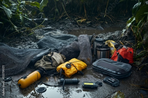 Essential survival equipment laying on muddy ground during rain. Generative ai illustrations