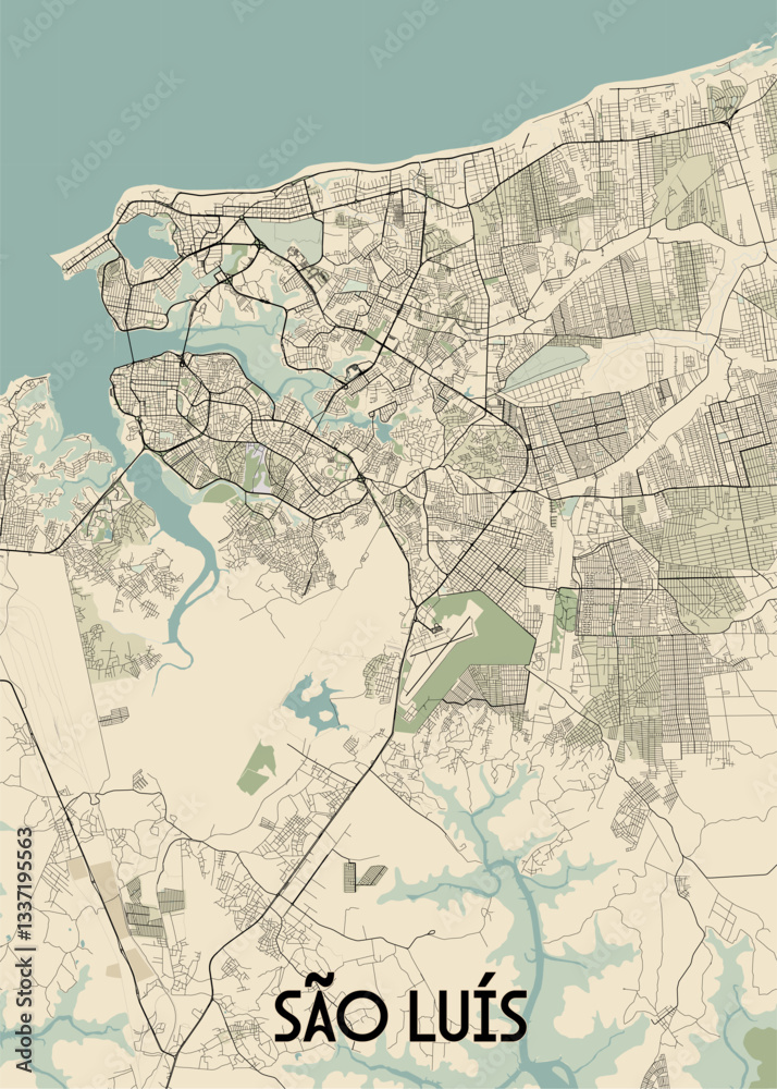 Fototapeta premium This detailed map showcases the city of São Luís, Brazil, with a focus on its street network and surrounding waterways. The map is rendered in a minimalist style with beige and light blue tones.