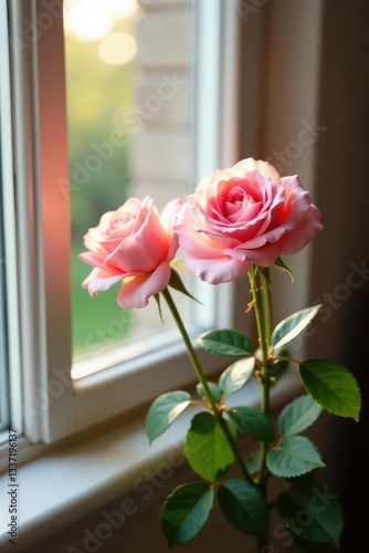 Delicate pink roses near open window, soft morning light, peaceful, petal, beauty