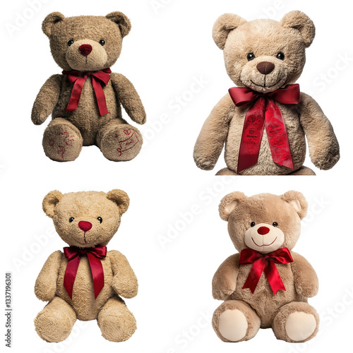 Classic Teddy Bear with Red Ribbon, Isolated White Background photo