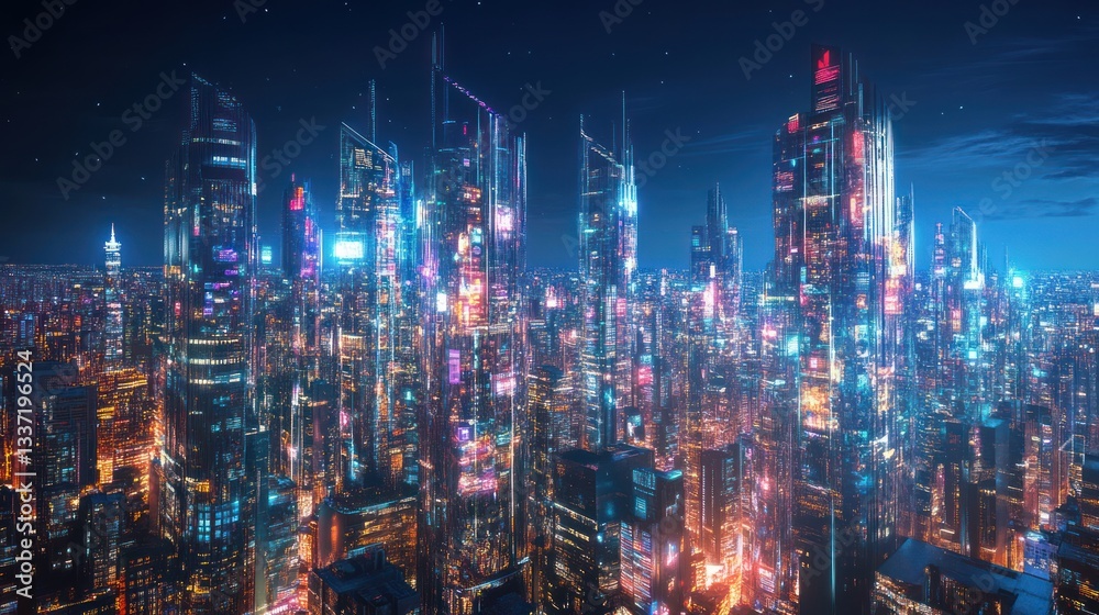 Fototapeta premium Futuristic city skyline at night, aerial view, vibrant lights, technology, possible use for sci-fi, gaming, or background image