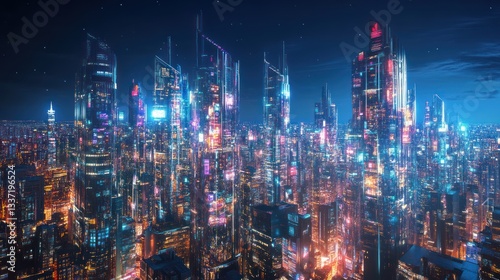 Wallpaper Mural Futuristic city skyline at night, aerial view, vibrant lights, technology, possible use for sci-fi, gaming, or background image Torontodigital.ca