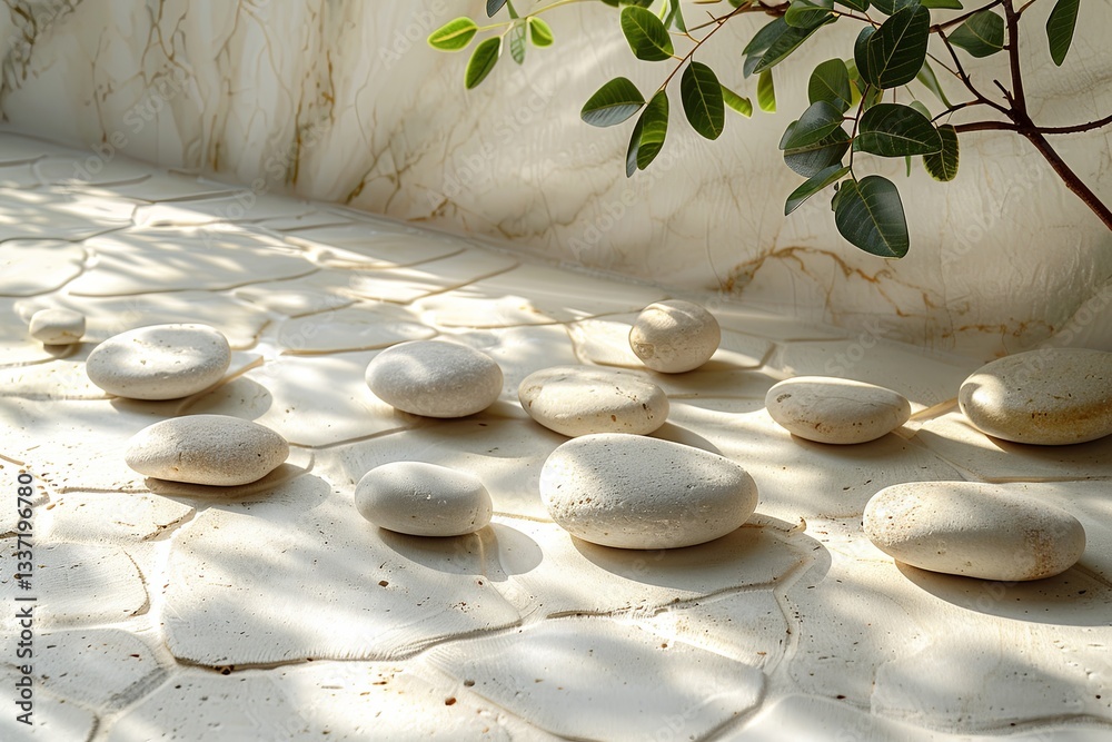 Tranquil Pebble Arrangement With Green Leaves